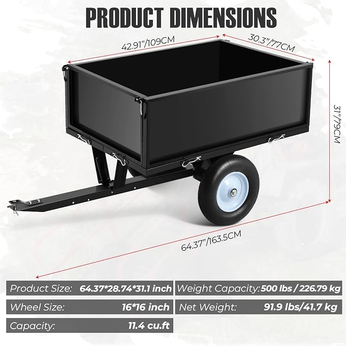 GarveeTech Heavy Duty Steel Dump Trailer, 500 LBS/11.4 Cu.Ft Capacity Garden Dump Cart for Lawn Mower, Utility Trailer with Removeable Rear Panel, Designed for Tractor, ATV, UTV, Black