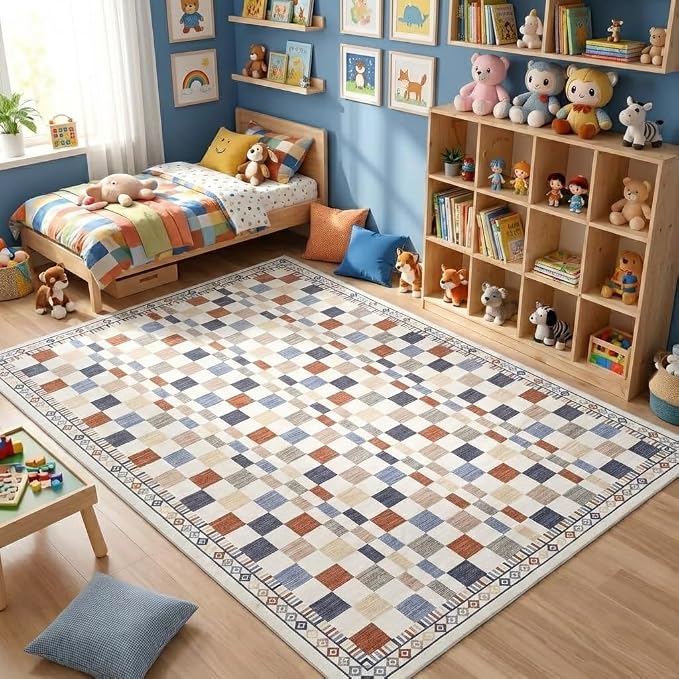 GarveeHome 3x5 Small Rug for Kitchen Washable Colorful Checkered Area Rug | Low Pile Non-Slip Modern Checkered Abstract Accent Mat for Bedroom Contemporary Premium Area Rug for Dining Room
