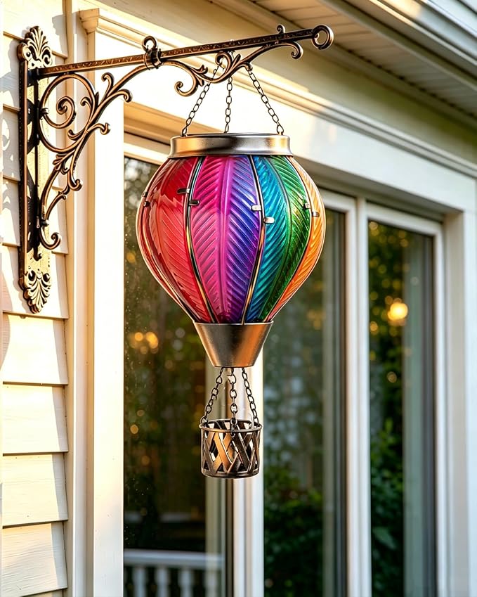 Larekook Rainbow Solar Hot Air Balloon Lantern with Flickering Flame Light,Glass Outdoor Garden Decor,Hot Air Balloon Solar Lantern Outdoor Waterproof Hanging Light for Yard Patio Porch Lawn