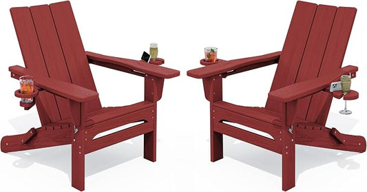 SERWALL Folding Adirondack Chair with Cup Holders, All Weather Resistant Modern Adirondack Chair Set of 2, HDPE Adirondack Chair Outdoor, Red