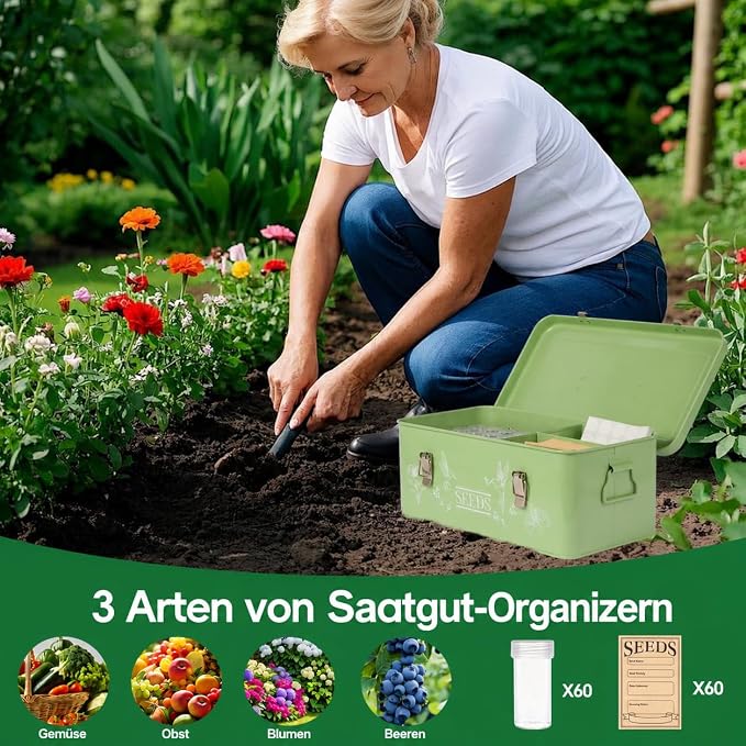 60 Slots Seed Organizer Storage Box with 3 Compartments,Large Metal Garden Seed Organizer with Lid&Safety Locks,Seed Saver Bin 50 Plant Labels 60 Seed Envelopes,Professional All-In-One Seed Saving Kit