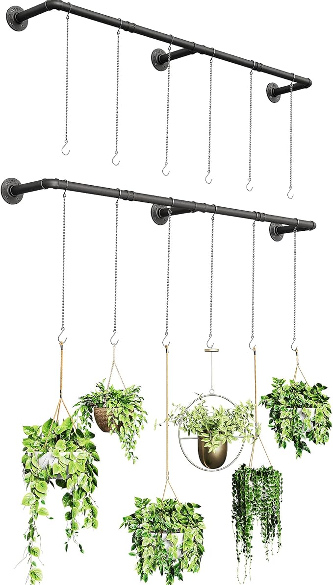 SOFITORG 65.7" Metal Plant Hanging Rod, 6 Chains, 2 Pack, Pots Not Included | Wall Plant Hanging Bar, Durable Hanging planter holder for Window Ceiling, Easy Assembly, All Hardware Included, Black