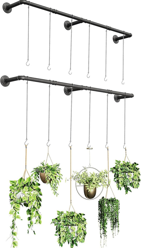 SOFITORG 65.7" Metal Plant Hanging Rod, 6 Chains, 2 Pack, Pots Not Included | Wall Plant Hanging Bar, Durable Hanging planter holder for Window Ceiling, Easy Assembly, All Hardware Included, Black