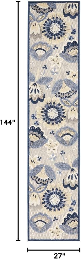 Nourison Home Aloha Blue Grey 2'3" x 12' Area Rug - Easy Clean, Non Shedding, Bed Room, Living Room, Dining Room, Kitchen (12' Runner)
