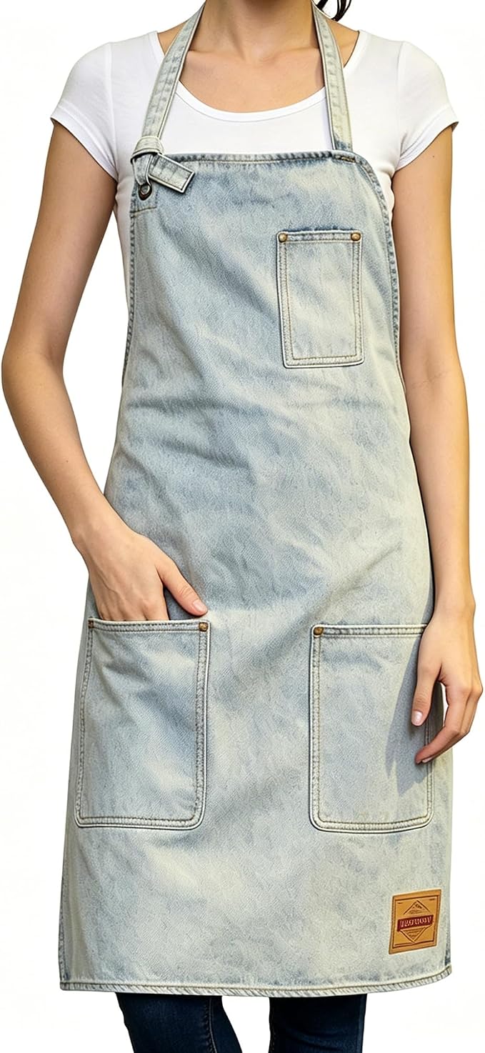 Denim Chef Apron for Women with Pockets, Jean Waitress Server Kitchen Apron for Men Cooking Gardening Painting