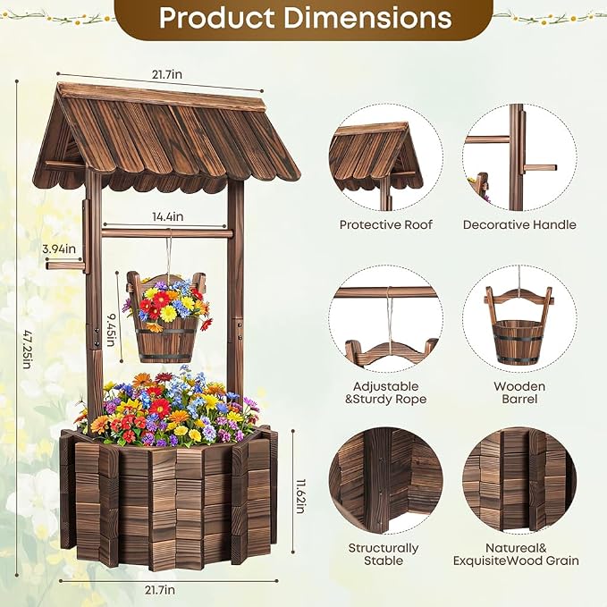 Wishing Wells for Outside,Wooden Wishing Well Planter,Rustic Flower Planter for Garden Patio Lawn Backyard Home Decor-21.7X21.7X47.25IN