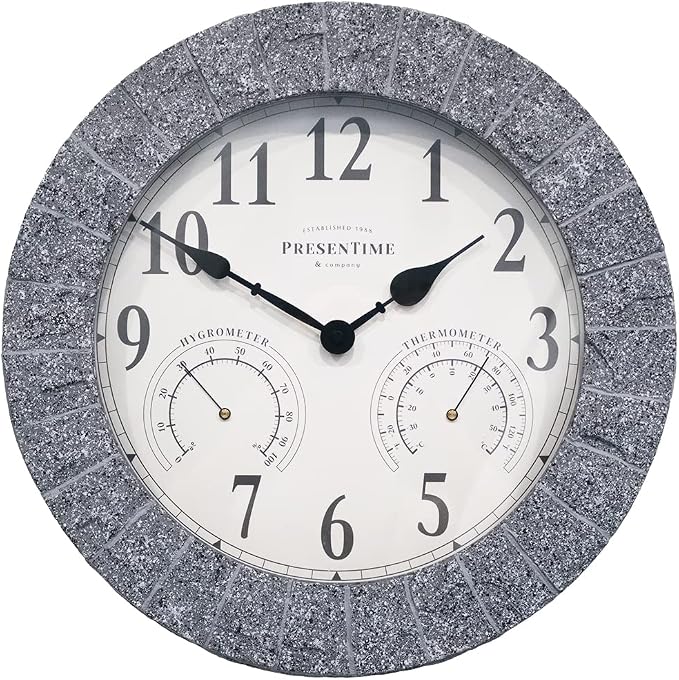 Presentime & Co Sandstone Outdoor Clock with Thermometer & Hygrometer as All in one Weather Station, 14", Gray Sandstone Finish. Weather Thermometer, Outdoor Décor, Wall Décor.
