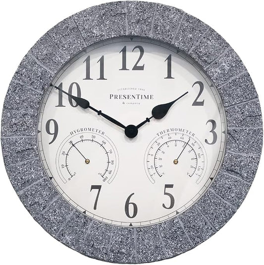 Presentime & Co Sandstone Outdoor Clock with Thermometer & Hygrometer as All in one Weather Station, 14", Gray Sandstone Finish. Weather Thermometer, Outdoor Décor, Wall Décor.