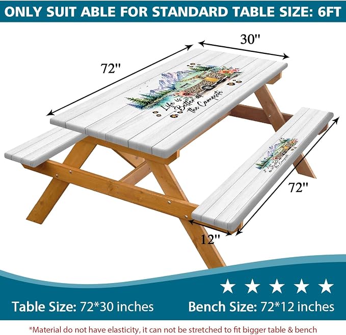 Picnic Table Cover with Bench Covers, Camper Floral Waterproof Windproof, Fitted Tablecloth with Elastic Edge, Camping Accessories Essentials for Backyard BBQ RV Trip Picnic Outdoor Party, 30X60 inch