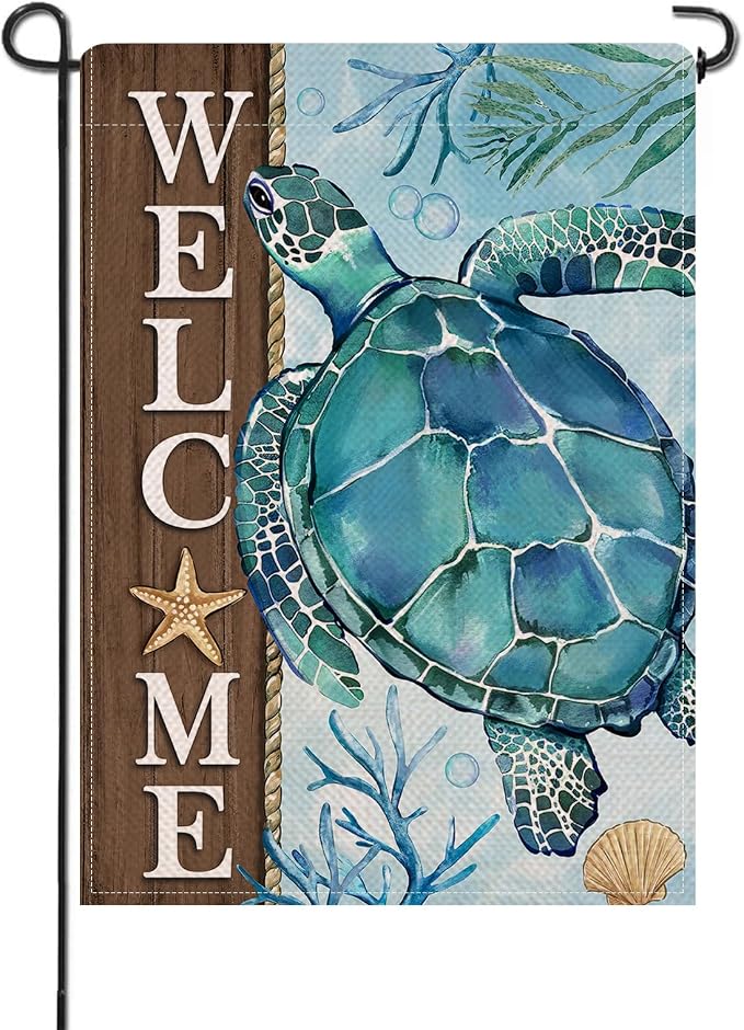 Artofy Welcome Summer Beach Sea Turtle Small Decorative Garden Flag, Coastal Ocean Farmhouse Yard Lawn Outside Decor, Spring Nautical Starfish Coral Burlap Outdoor Home Decoration Double Sided 12 x 18