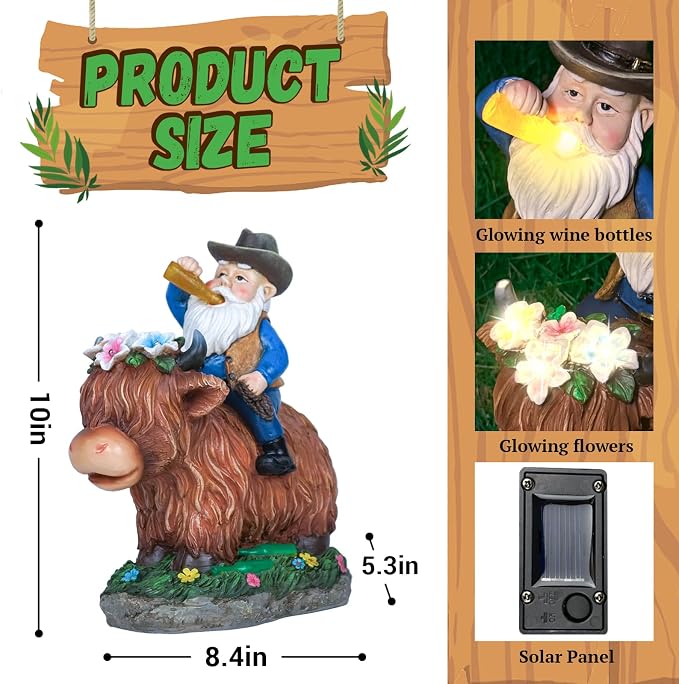 Gnome Gifts for Women, Solor Statue for Garden, Gnome and Highland cow Figurine with Lights, Outdoor Decorations for Yard Lawn Patio, Gifts for Mom Grandma Mother in Law Gardener Mother'Day