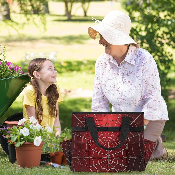 Gardening Tool Bag,Heavy Duty Garden Tote Bag,Portable Oxford Gardening Storage Basket Organizer Handbag with Pockets Handle,Hand Tools Gifts for Outdoor Garden Lawn Spiders Web Red