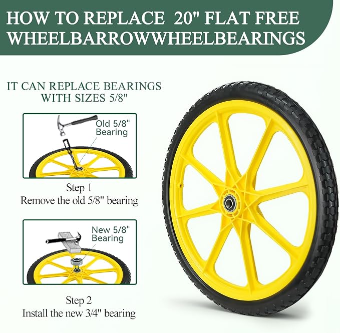 20” Flat Free Wheelbarrow Tires, 5/8” Extra 3/4”Bearing, with 2.45” Centered Hub, Replacement for Rubbermaid Wheelbarrow wheels, Garden Yard Cart, Big Wheel Utility Carts (Yellow, 2 pick)