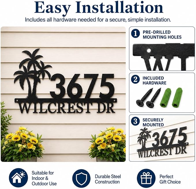 Custom Metal House Number Sign Personalized Address Plaque for Tropical Outdoor Street Number Display Porch Yard Mailbox Fence Gift