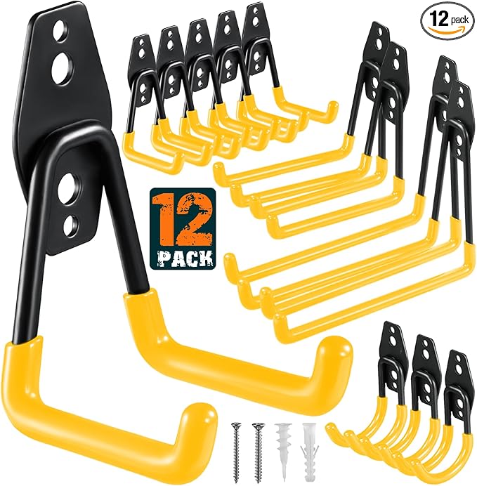 HUPBIPY 12 Pack Garage Hooks Heavy Duty Utility Steel with Anti-Slip Coating Wall Mount Storage Organizer for Hanging Power and Garden Tools, Ladders, Hose, Bikes, Ropes, Bulk Items, and More