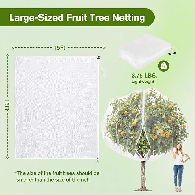 KEOHOLI 15FTx15FT Extra Large Fruit Tree Netting Reusable Durable Mesh Cover with Zipper and Drawstring for Fruit Tree Protection Cover from Birds Cicadas Squirrels and Insects