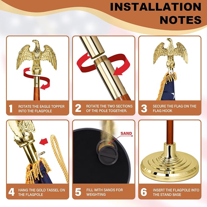 XIFAN Deluxe 8 FT Indoor American Flag and Pole Set - Solid Oak Pole, Metal Eagle Topper, Gold Fringed US Flag, Base Stand, Cord Tassel, for Lobby, Office, Auditorium, Conference Room - 8.6 FT Total