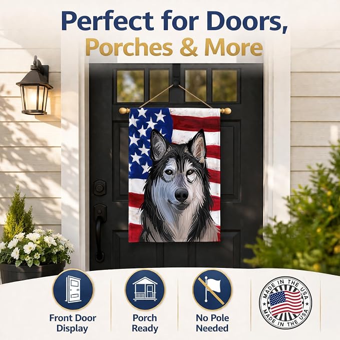 Caroline's Treasures CK6734CHF Tamaskan Dog American Flag House Flag Large Porch Sleeve Pole Decorative Outside Yard Banner Artwork Wall Hanging, Polyester, House Size, Multicolor
