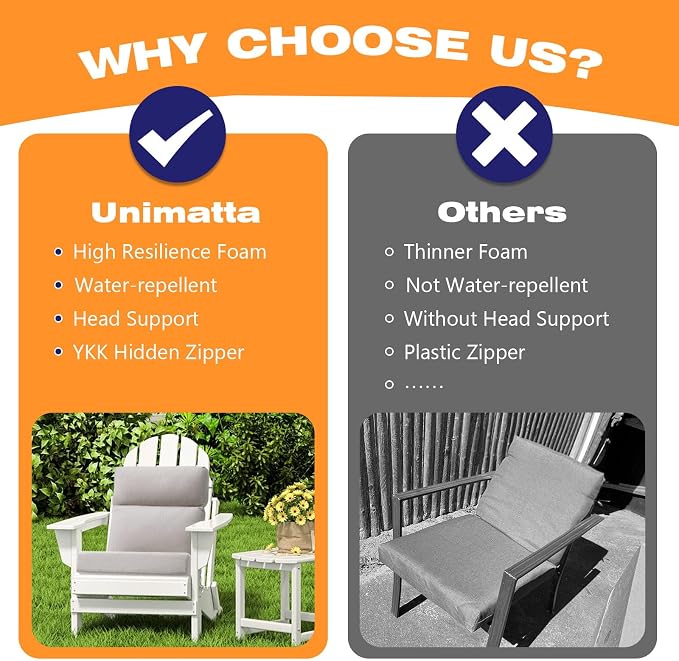 Unimatta Sunbrella Outdoor High Back Chair Cushion Seat Pads, 44 x 21 Inch Water-Repellent & Fade-Resistant Patio Furniture Cushions with Ties for Adirondack, Rocking Chairs, Specrtum Pebble