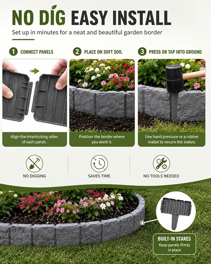 Faux Stone Garden Fence No Dig Landscape Edging Border (White, 20pcs) | Plastic interlocking panels create a rock look for flower beds lawn pathways patio yard decor