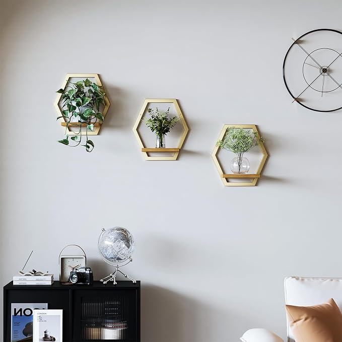 3 Pack Solid Wood & Heavy Duty Metal Wall Plant Stands, 25 LB Load Boho Arch Hanging Planter,9 inch Natural Wood Shelf for Indoor Plants Golden