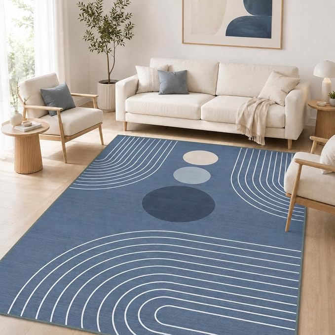 Boho Rug 4x6 Modern Geometric Minimalist Abstract Area Rug for Living Room Dusty Blue Mid Century Modern Contemporary Machine Washable Non-Slip Printed Low-Pile Carpet Dining Room Bedroom Office