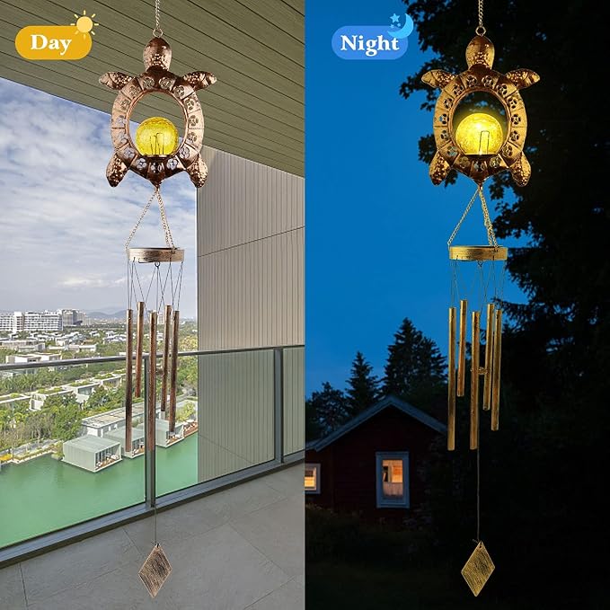 Sea Turtle Solar Lights Outdoor Decor Crackle Glass Ball Solar Turtle Wind Chimes for Outside Unique Gifts for Women Birthday Gardening Gift Housewarming Ornament for Patio Yard Garden Decor