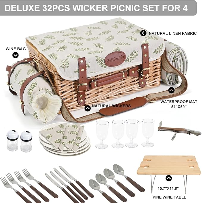 Multifunctional Wicker Picnic Basket Set for 4 with Blanket and Picnic Table, Insulated Picnic Set with Full Tablewares for Camping Outdoor Couples,Leaf