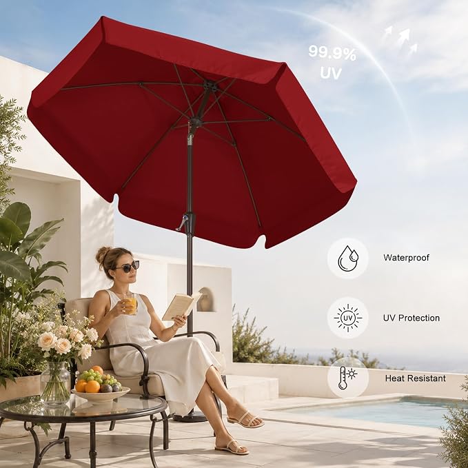 ABCCANOPY 7.5ft Scalloped Patio Umbrella, Outdoor Table Umbrella with Tilt and Crank, Fiberglass Ribs Deck Umbrella for Patio, Pool, Garden, Picnic (Burgundy)