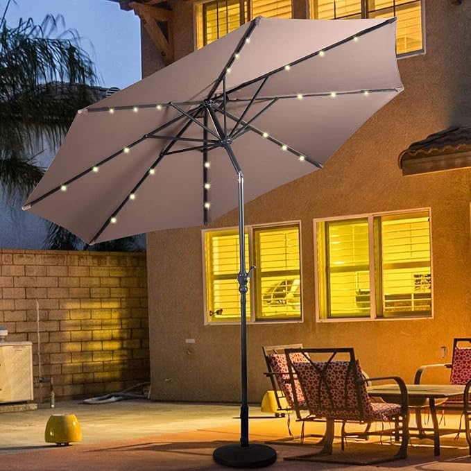 HAPPYGRILL 10FT Patio Umbrella with Lights Outdoor Solar Powered Sunbrella with Tilt Crank Umbrella for Garden Poolside Backyard Beach