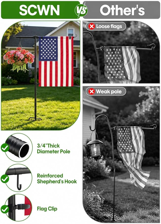 Garden Flag Stand Holder with Shepherd Hooks, 3/4 Inch Extra Thick Heavy Duty Yard Flag Holder for Small Flag 12x18, 52 Inch Garden Flag Pole for Outside (Solar Lights & Flag Not Included)