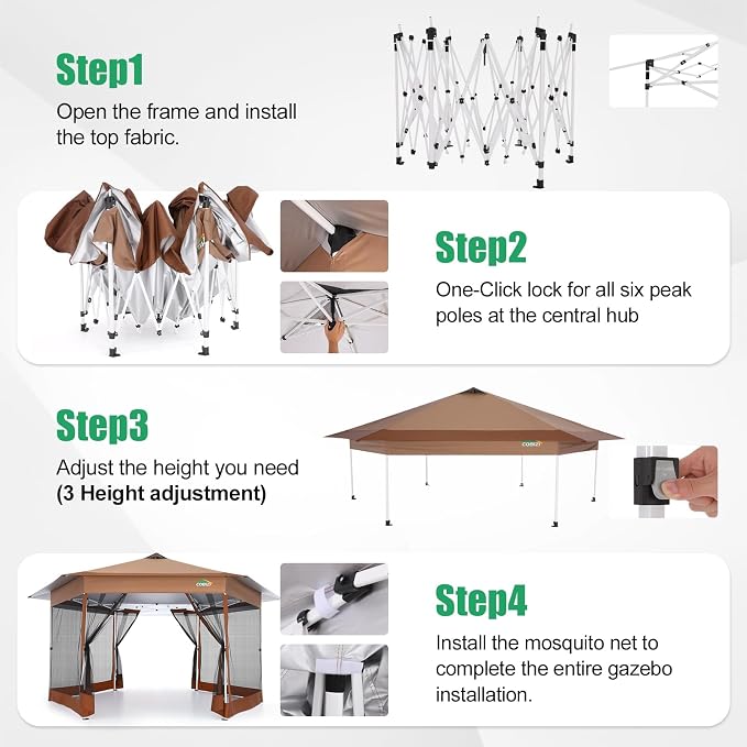 COBIZI 16x16 Pop Up Gazebo Tent with Mosquito Netting, Gazebos on Clearance, Hexagonal Outdoor Canopy Shelter, Patented Center Lock 6-Sided Portable Gazebos, Pop Up Canopy Tent for Backyard, Brown
