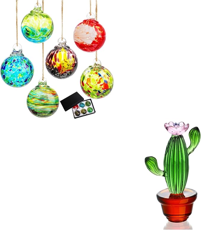 6pcs Hand-Blown Glass Ornaments Hanging Glass Gazing Balls and 4.3inch Handmade Blown Glass Art Cactus Figurine