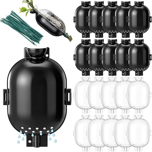 AceOrbit 20 Pack Air Layering Propagation Kit with Drain Holes - Half Transparent Tree Root Plant Growing Box with Metal Core Twist Ties Reusable High Pressure Grafting Ball for Fast Propagation Roots
