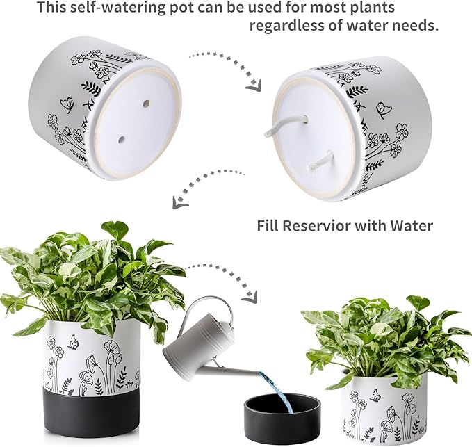 Nihow Self Watering Pots for Indoor Plants,6 Inch,White,Hand Painting | Ceramic Planter, Drainage Hole & Water Storage Plus, Cylinder Round Flower Pot, For Succulent/Herbs/Violets