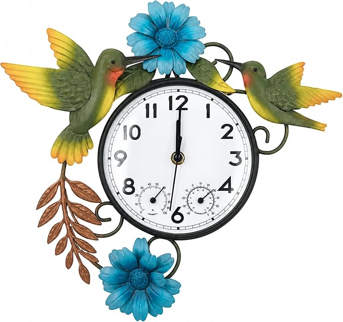 Outdoor Clock with Thermometer and Hygrometer Combo | Silent Non-Ticking Outside Clocks for Patio Waterproof, Metal Decorative Wall Clock for Living Room, Blue Daisy & Hummingbird