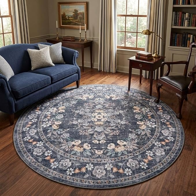 GarveeHome 6ft Large Round Rug for Living Room Distressed Floral Carpet | Vintage Flower Bordered Bedroom Rug Machine Washable Non-Slip Blue Area Rug for Conference Room Nursery Guest Room