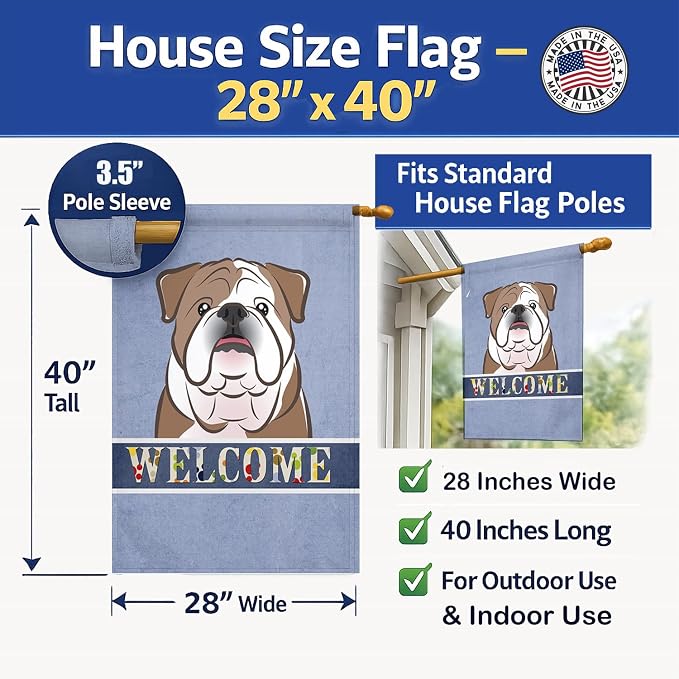 Caroline's Treasures BB1405CHF English Bulldog Welcome House Flag, Blue Large Porch Sleeve Pole Decorative Outside Yard Banner Artwork Wall Hanging, Polyester, House Size, Multicolor