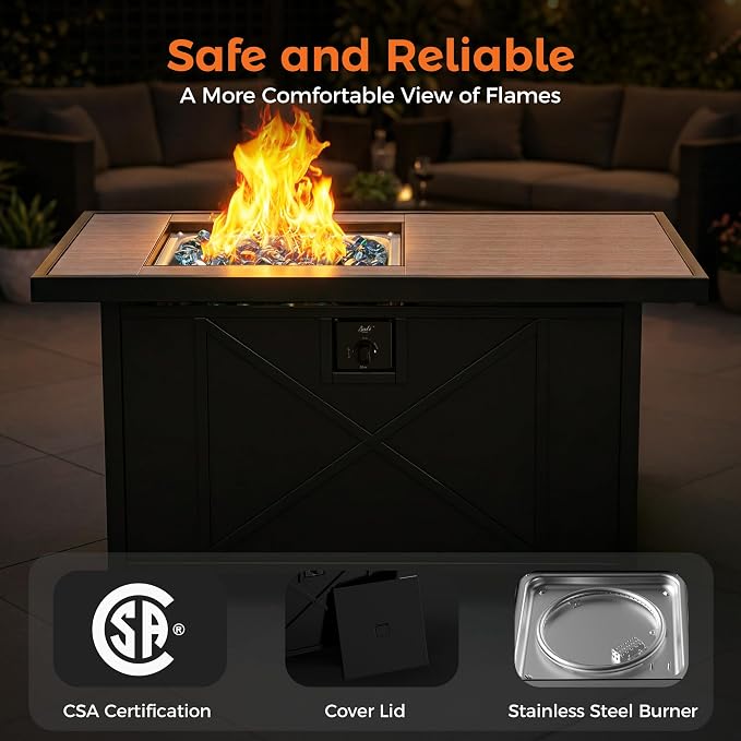 BALI OUTDOORS 42 inch 50,000 BTU Rectangular Propane Gas Fire Pit Table with Fire Glass and Table Lid, Fire Pits Outdoor for Garden, Patio, Backyard