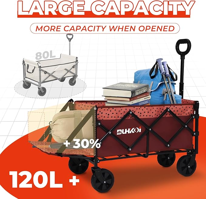 Compact Foldable Tailgate Wagon Cart with Wheels, 12 lb Lightweight Small Folding Utility Wagon for Garden, Grocery, Beach, Camping - Portable Cart (Red)