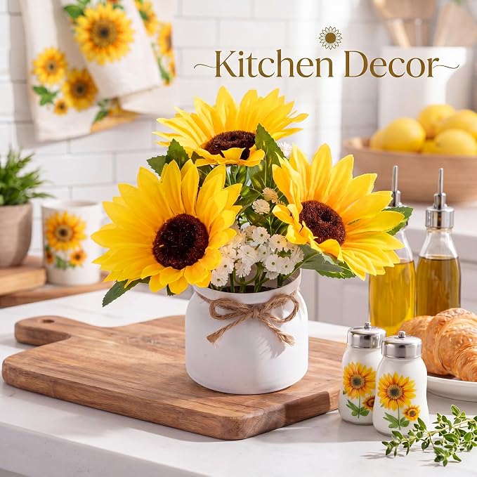 Zeyune 8 Pcs Sunflower Potted Plants Rustic Summer Spring Kitchen Wedding Table Centerpieces Silk Yellow Fake Flower with Plastic Pot for Home Bathroom Office (White, Sunflower and Baby's Breath)