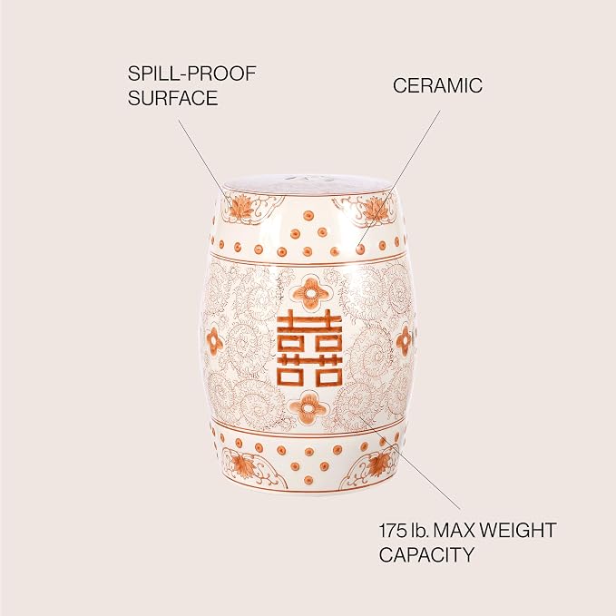 JONATHAN Y Double Happiness 18" Ceramic Garden Stool, Traditional Chinoiserie Orange and White Indoor/Outdoor Patio Drum Accent Side Table and Plant Stand TBL1013D