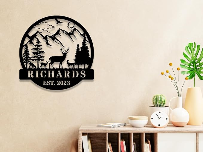Personalized Mountain Family Name Sign, Custom Metal Wall Decor with Deer Wildlife Design & Established Year, Last Name Monogram Sign for Home, Rustic Farmhouse Cabin Outdoor Garden Decor, Porch Yard Patio Wall Art, Wedding Housewarming Gift