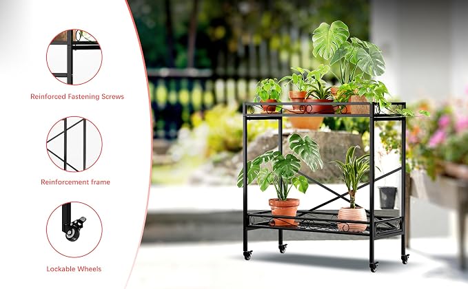 Zhongma 2 Tier Window Height Sturdy Metal Plant Stand with Wheels, 36.6x16x39.4 Inch High, Heavy Duty Succulent Shelf for Home Indoor and Outdoor, 440 LBS Capacity & Heavy Duty Construction