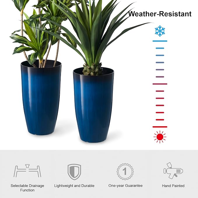 Glitzhome 23.5" H Oversized Tall Round Tapered Planter, Set of 2 Large Gradient Cobalt Blue Faux Ceramic Tall Planters Pots, Plastic Flower Pots with Drainage Holes for Front Porch Patio Garden Deck