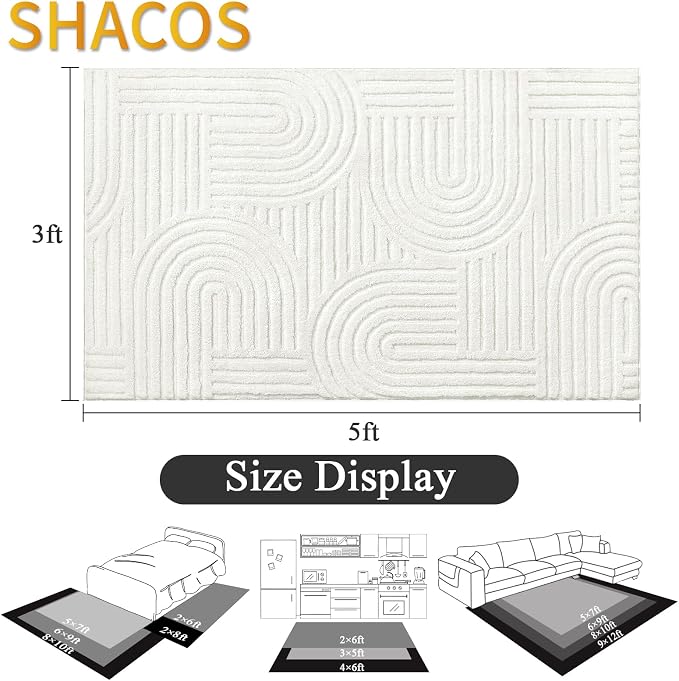 SHACOS Soft Cozy Fluffy Arch Pattern High Low Pile Area Rugs 3'x5' Non Slip Washable Scandinavian Minimalist Rug Modern Geometric Arc Carpet for Living Room Bedroom Dining Room, Cream White