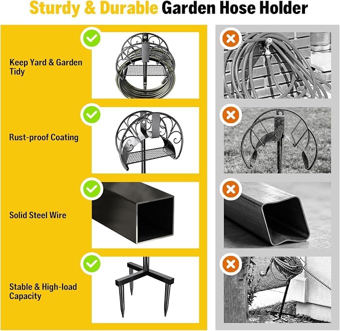 Garden Hose Holder with 50ft Kink Free Water Hose Kit, Metal Heavy Duty Freestanding Garden Hose Hanger Storage Stand, Hose Storage for Outside Yard Lawn Farm, Outdoor Organizer