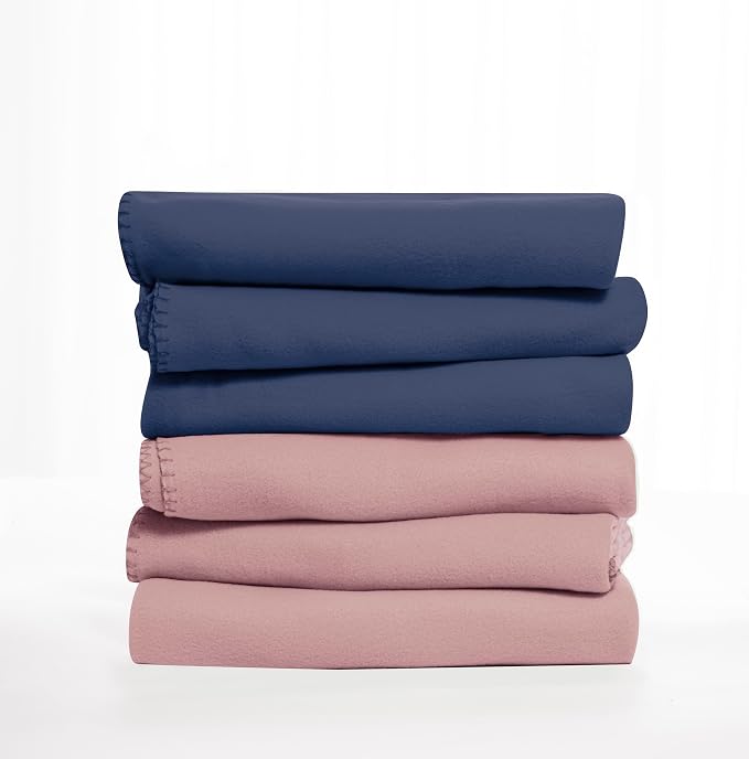 Fleece Throw Blankets Bulk Fleece Blankets Solid Wholesale Lightweight Warm Soft for Pet Bed Sofa Couch Office Wedding Gifts Travel Seasons Navy and Pink 50x60 Inches Pack of 6