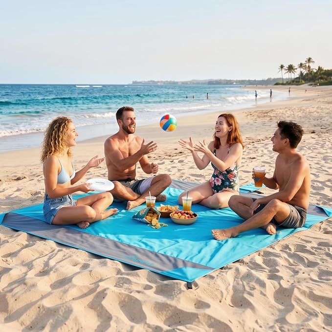 Wolfwise 108" × 120" XXL Beach Blanket, Waterproof & Sandproof Picnic Mat with 4 Sand Pockets & 4 Stakes, Windproof Outdoor Camping Beach Mat, Lightweight, Fits 8 People, Blue