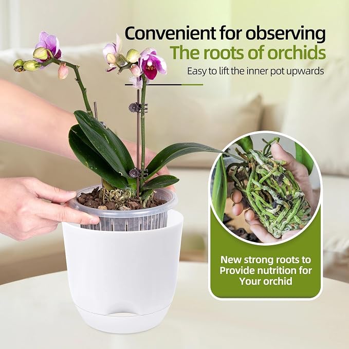 7.2Inch White Orchid Pots with Holes for Repotting, Double-Layer Plastic Self Watering Flower Pots for Indoor Plants with Drainage Holes, Clear Orchid Pot Match Decorative Orchid Container, 1Pack